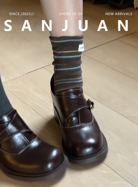 羊皮版sanjuan三卷小皮鞋厚底粗跟高跟鞋小个子单鞋内增高乐福鞋