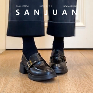羊皮版sanjuan三卷乐福鞋棕色真皮粗跟单鞋中跟英伦小皮鞋一脚蹬