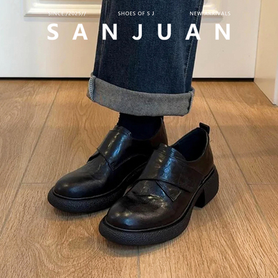 真皮乐福鞋女复古英伦小皮鞋黑色