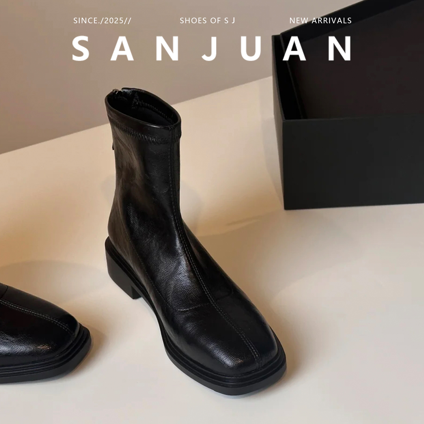 羊皮版sanjuan三卷法式复古短靴平底厚底瘦瘦靴女百搭显瘦马丁靴