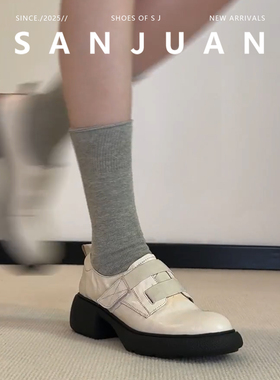 羊皮版sanjuan三卷法式复古圆头粗跟厚底学院风单鞋英伦风小皮鞋