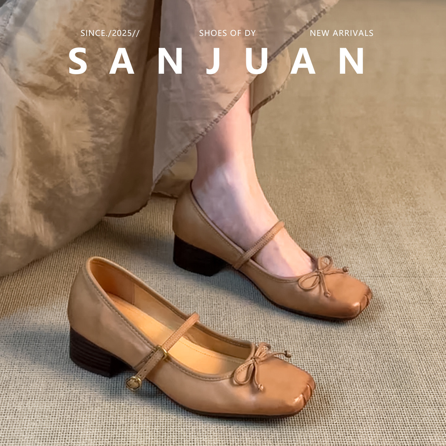 羊皮版sanjuan三卷复古玛丽珍鞋蝴蝶结增高小单鞋一字带高跟鞋女