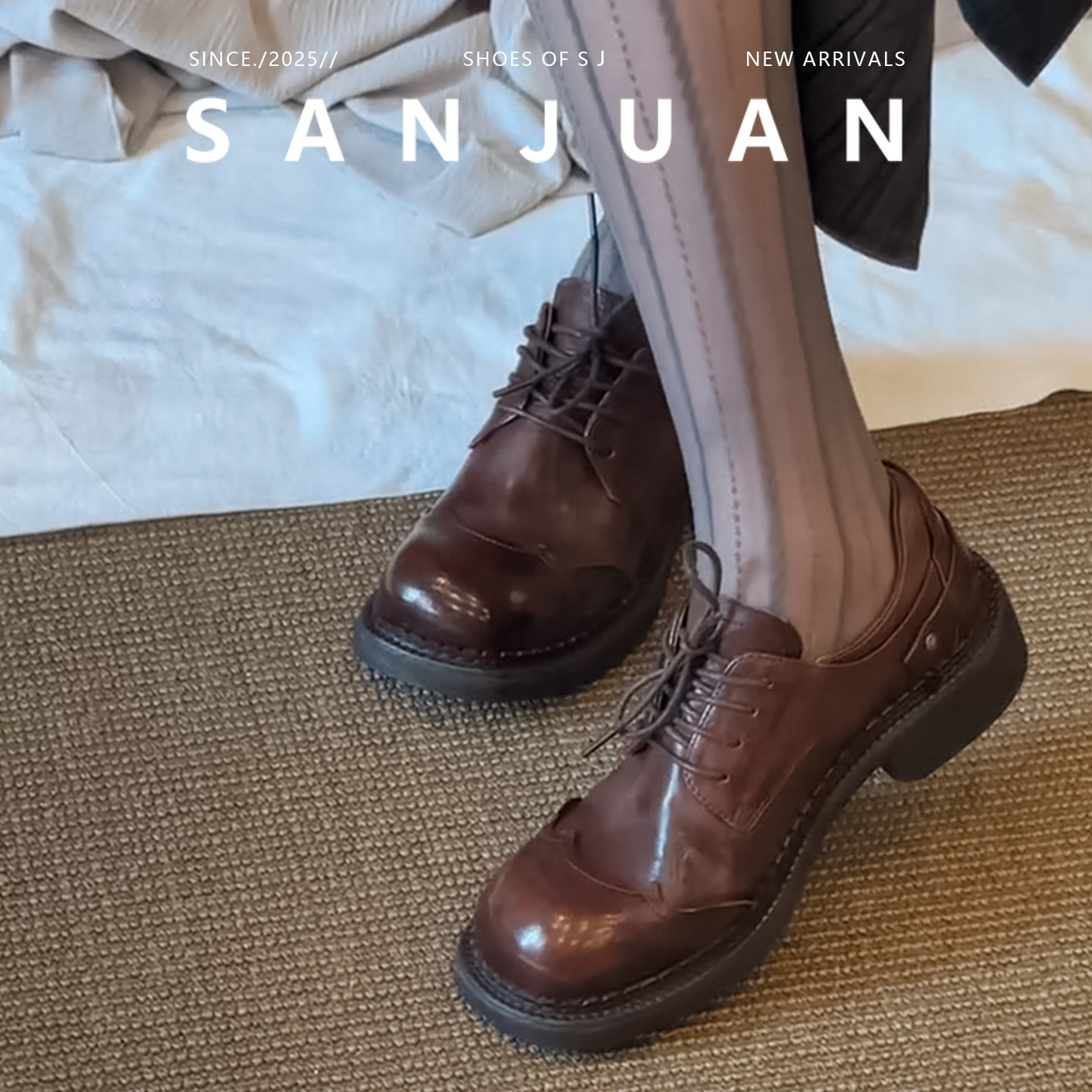 羊皮版sanjuan三卷复古英伦小皮鞋圆头系带通勤鞋粗跟增高乐福鞋
