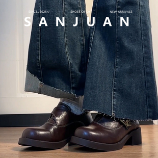 复古女鞋 羊皮版 棕色英伦单鞋 厚底粗跟乐福鞋 冬 sanjuan三卷小皮鞋