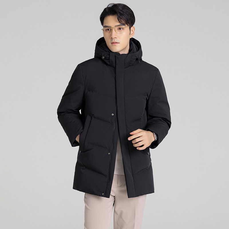 Romon/罗蒙连帽中长款羽绒服加厚保暖90绒可脱卸帽黑色LM-9181