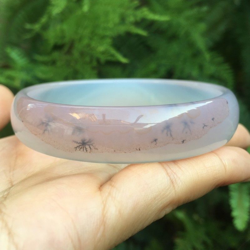 【玛瑙说】精品纯天然通透淡粉水草女款手镯时尚百搭半宝石62mm