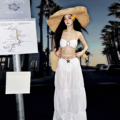罗卡艺夏新款白色比基尼夏日辣妹海岛度假显瘦遮肚长裙分体泳衣女