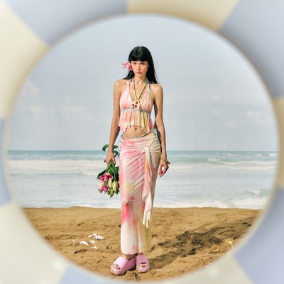 罗卡艺2025夏新款绝美印花比基尼网纱长裙性感显瘦海岛度假泳衣女