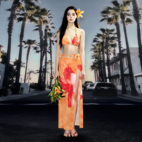 罗卡艺新款橘色印花海岛度假性感比基尼长裙显瘦聚拢温泉分体泳衣