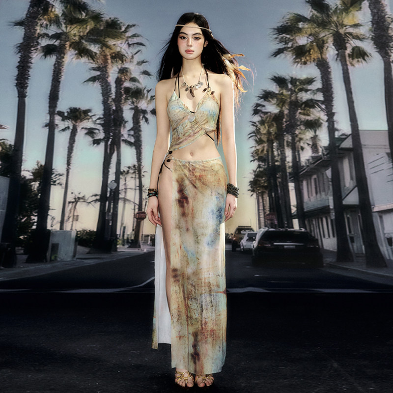 罗卡艺新款高级感贝壳长裙显瘦性感温泉度假沙漠比基尼分体泳衣女