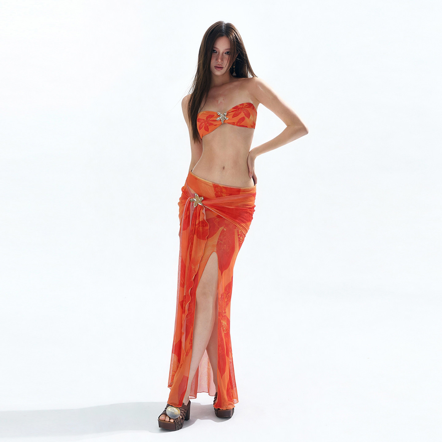 罗卡艺热带花卉海星海岛度假性感比基尼开叉长裙显瘦遮肚温泉泳衣