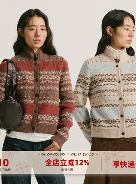 yawhat原创双色复古费尔岛提花翻领短款毛衣牛角扣含羊毛针织开衫