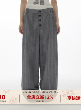 yawhat灰色格纹拼接纽扣直筒裤夏季纯棉薄款宽松长裤阔腿裤休闲裤