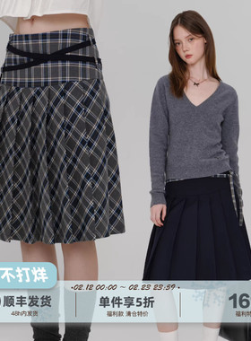 yawhat藏青斜格纹半身裙女秋冬新款低腰遮胯显瘦a字学院风百褶裙