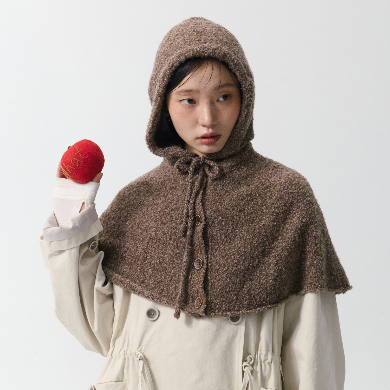 yawhat棕色杂色羊毛混纺连帽披肩一体秋冬保暖防风针织帽斗篷外搭