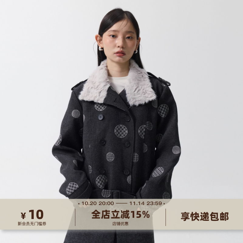 yawhat波点刺绣毛领拼接羊毛混纺毛呢双排扣大衣秋冬保暖夹克外套