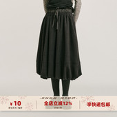 yawhat深灰色呢子花苞裙双腰头拼接松紧腰半身裙时髦蓬蓬中长裙