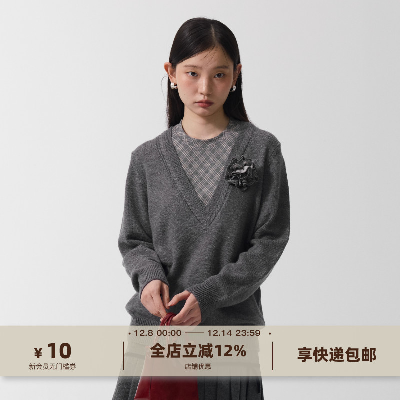 yawhat灰色格纹拼接假两件针织衫女含羊毛显瘦百搭V领毛衣上衣女