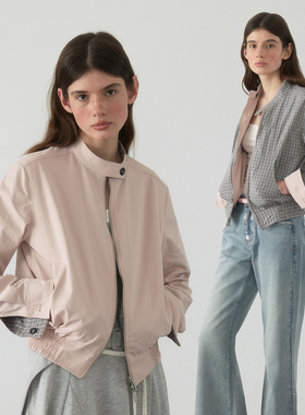yawhat格纹撞色薄款两面穿立领休闲棉麻夹克拉链开衫外套春季新款