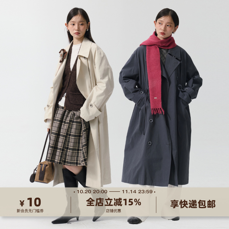 yawhat双色纯棉轻薄简约双排扣大翻领风衣廓形秋款中长款外套女