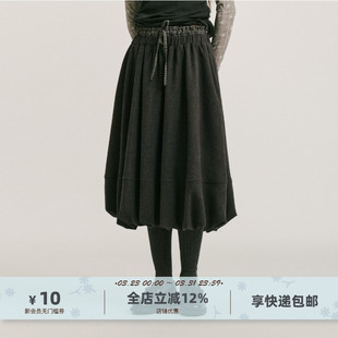 yawhat深灰色呢子花苞裙双腰头拼接松紧腰半身裙时髦蓬蓬中长裙