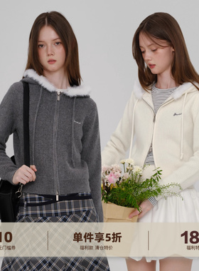 yawhat纯色可拆卸毛领连帽针织衫双拉链开衫毛衣外套休闲通勤