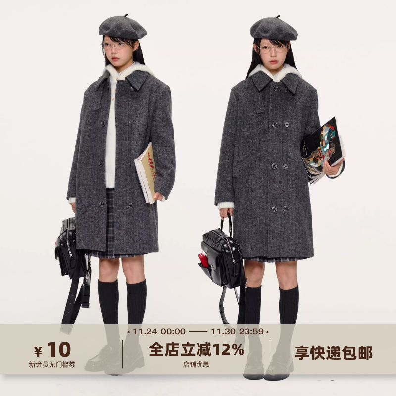 yawhat深灰色双排扣长款900g加厚羊毛呢翻领大衣小个子秋冬暖外套