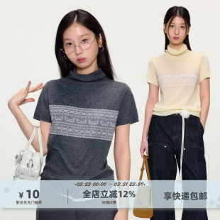 亲肤甜美气质上衣 短袖 yawhat费尔岛提花羊毛混纺针织衫 堆堆领薄款