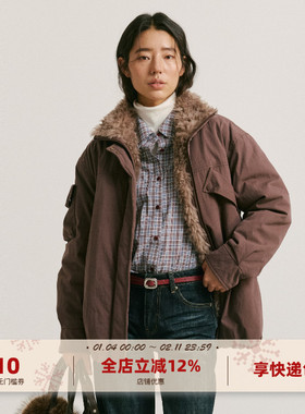 yawhat红棕色毛领拼接派克服立领棉服秋冬保暖外套巴恩风花苞夹克