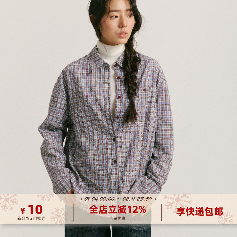 yawhat蓝棕色格纹宽松落肩衬衫棉感亲肤时髦高质感miu系复古上衣,女装/女士精品,衬衫,淘宝优惠券,粉丝福利购,淘宝优惠卷