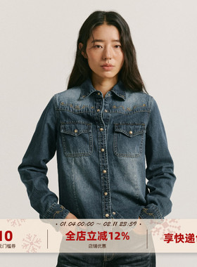 yawhat美式复古做旧水洗刺绣翻领按扣棉感长袖牛仔合身衬衫外套