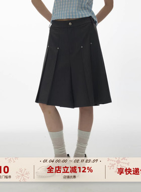 yawhat深灰色铆钉中低腰压褶低腰裙裤五分中裤阔腿西装短裤休闲裤