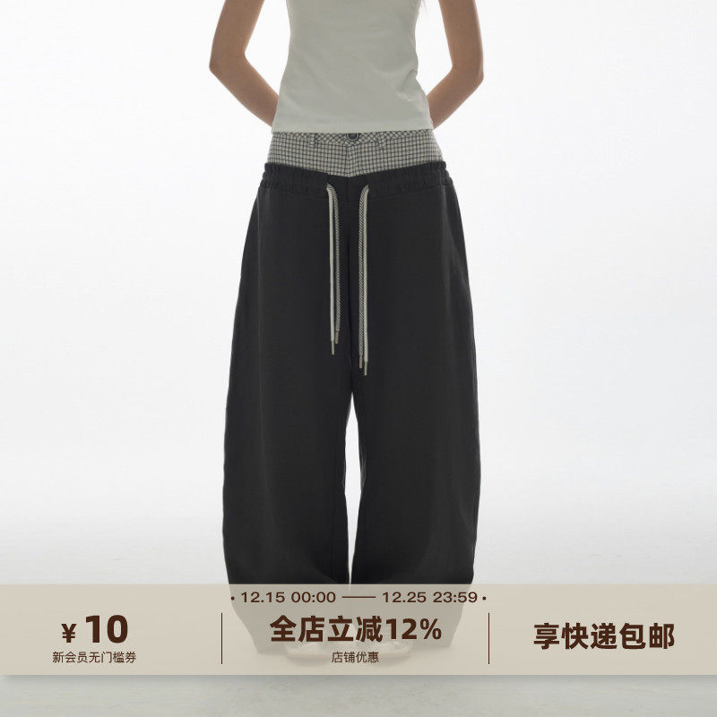 双腰头拼接弯刀裤休闲长裤