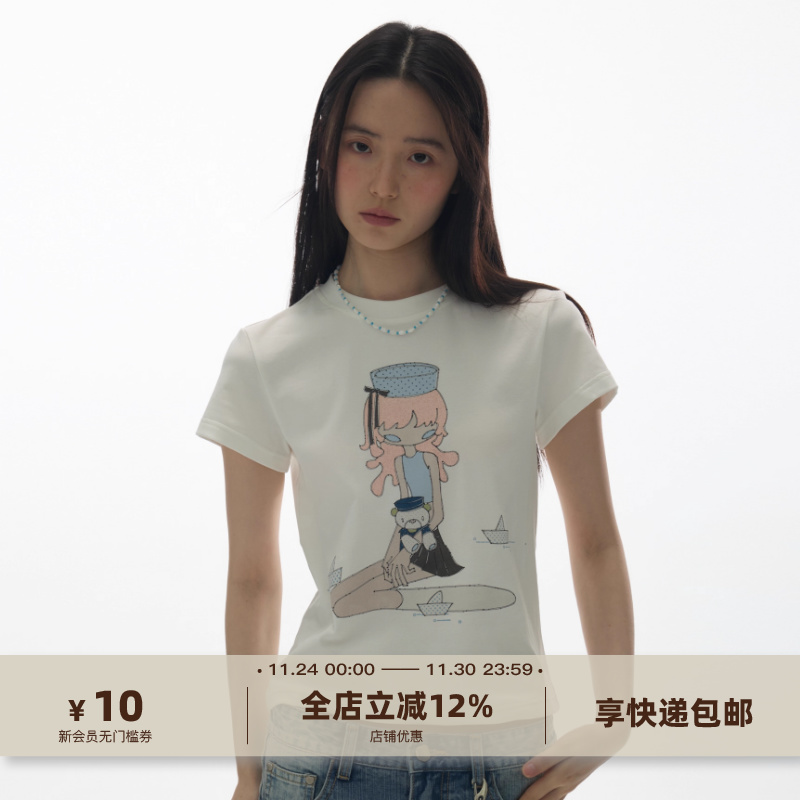 插画师联名卡通闪光粉T恤