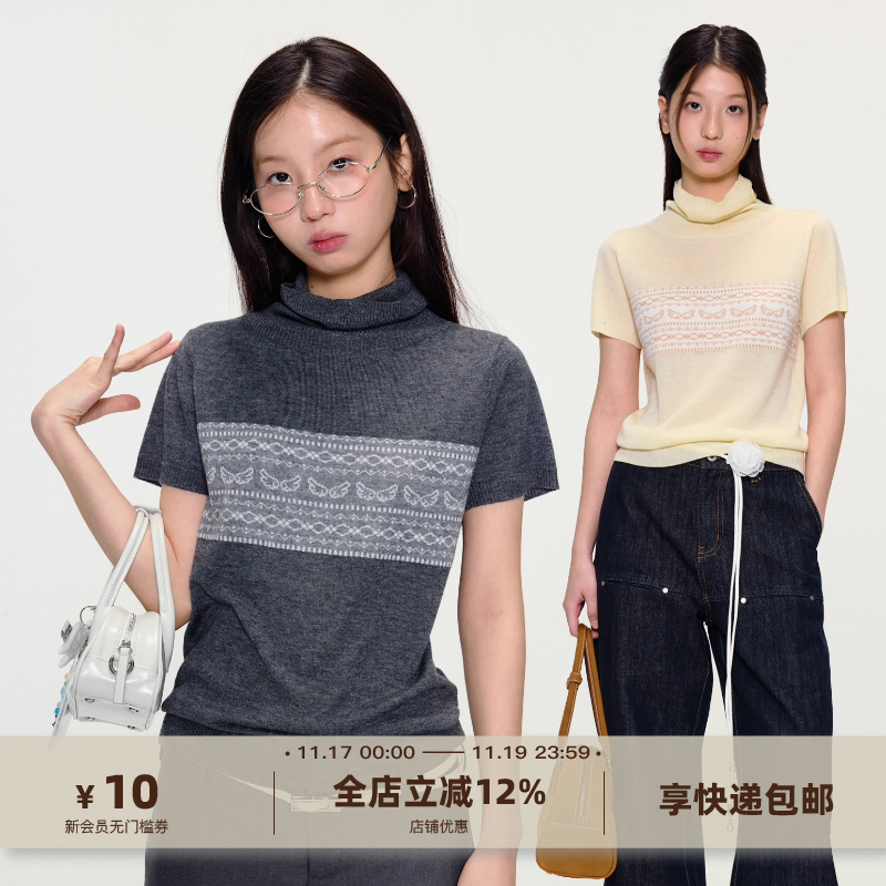 yawhat费尔岛提花羊毛混纺针织衫堆堆领薄款短袖亲肤甜美气质上衣