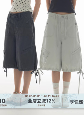 yawhat双色酵洗做旧复古工装短裤女宽松休闲口袋阔腿裤五分中裤