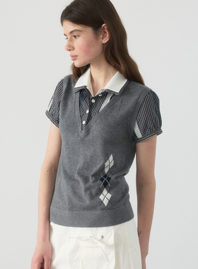 yawhat灰色菱格双层领假两件撞色衬衫领羊毛混纺套头短袖针织衫