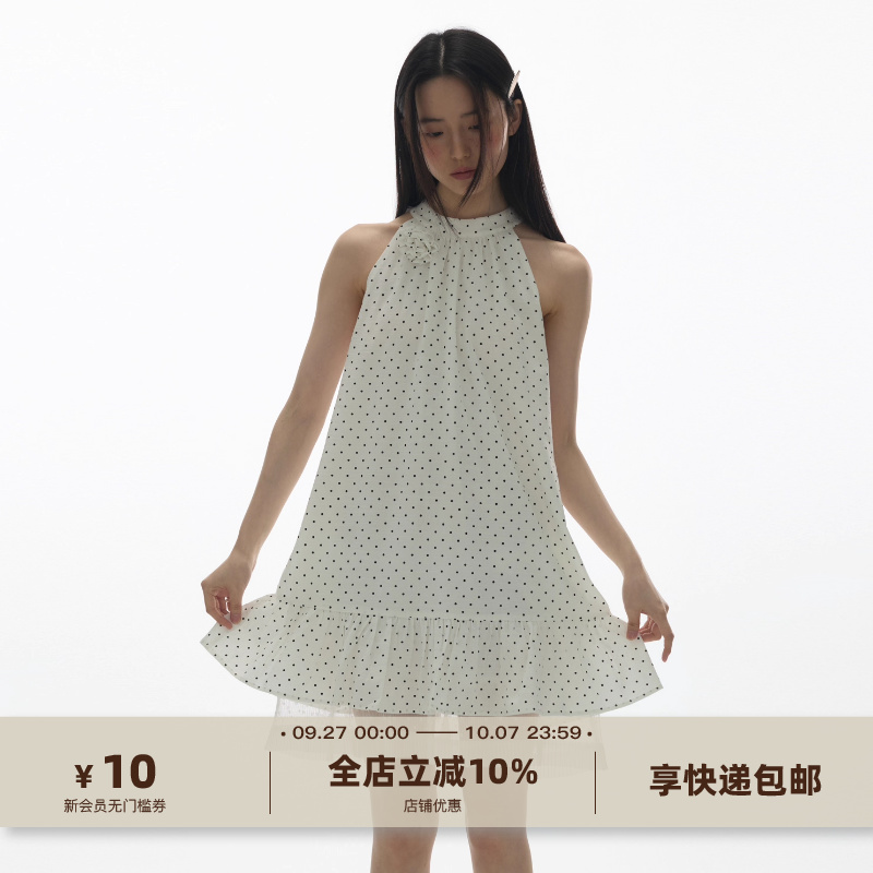 波点网纱拼接挂脖领露肩连衣裙