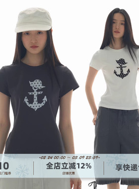 yawhat原创小众设计感船锚波点印花圆领短袖合身T恤航海风上衣女