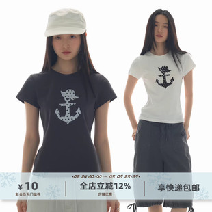 yawhat原创小众设计感船锚波点印花圆领短袖合身T恤航海风上衣女