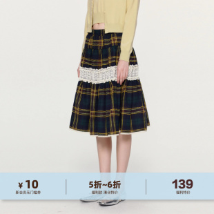 蕾丝拼接高腰中长款 yawhat复古格子半身裙女春秋新款 a字蛋糕伞裙