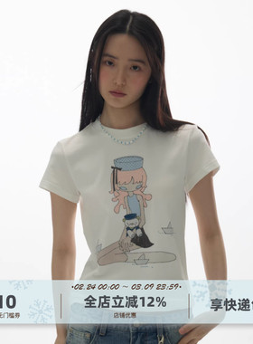 yawhat插画师联名卡通闪粉女孩印花白色圆领短袖t恤女百搭上衣