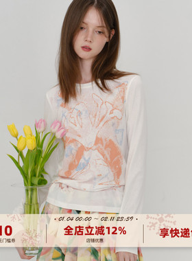 yawhat白色花卉涂鸦印花休闲圆领长袖T恤松弛感微透罩衫上衣女