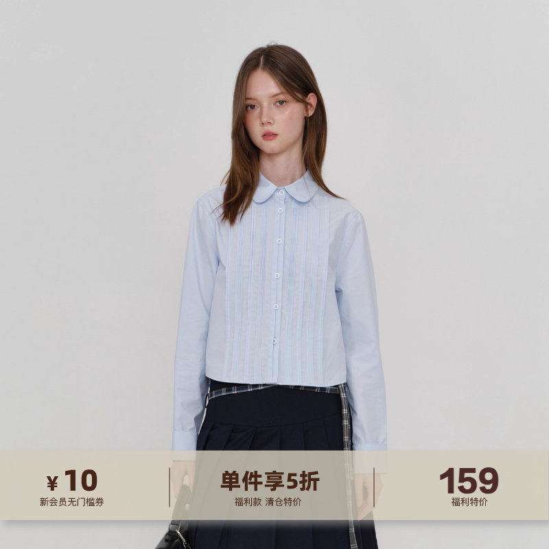 长袖纯棉压褶衬衫小众