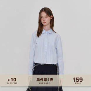 设计感小众短款 女秋季 文艺内搭衬衣 衬衫 yawhat纯色压褶竖条长袖