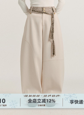 yawhat米色腰头格纹拼设计不对称分割解构茧型裤廓形宽松休闲裤