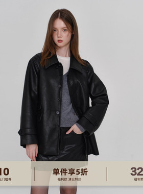 yawhat黑色环保质感PU皮保暖简约宽松中长款皮风衣酷飒外套夹克