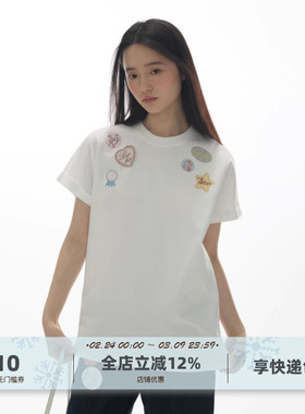 yawhat白色章仔印花绣花圆领纯棉短袖T恤袖翻边落肩宽松休闲上衣