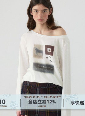 yawhat“雪山下的它们”插画师小马印花天丝斜肩白色薄长袖T恤女