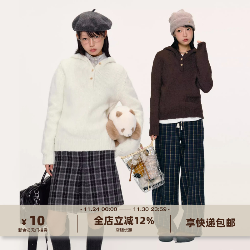 yawhat纯色连帽针织套头外套含羊毛绒感内搭叠穿慵懒毛衣秋冬女